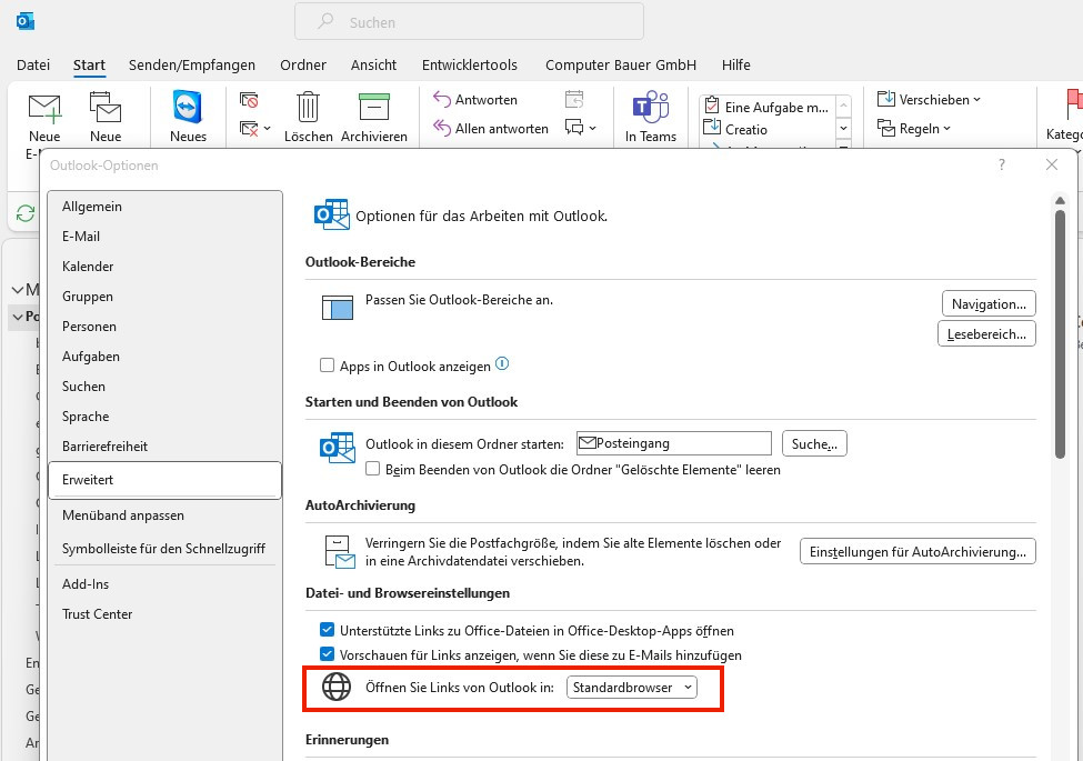 Screenshot Outlook-Einstellungen Standardbrowser