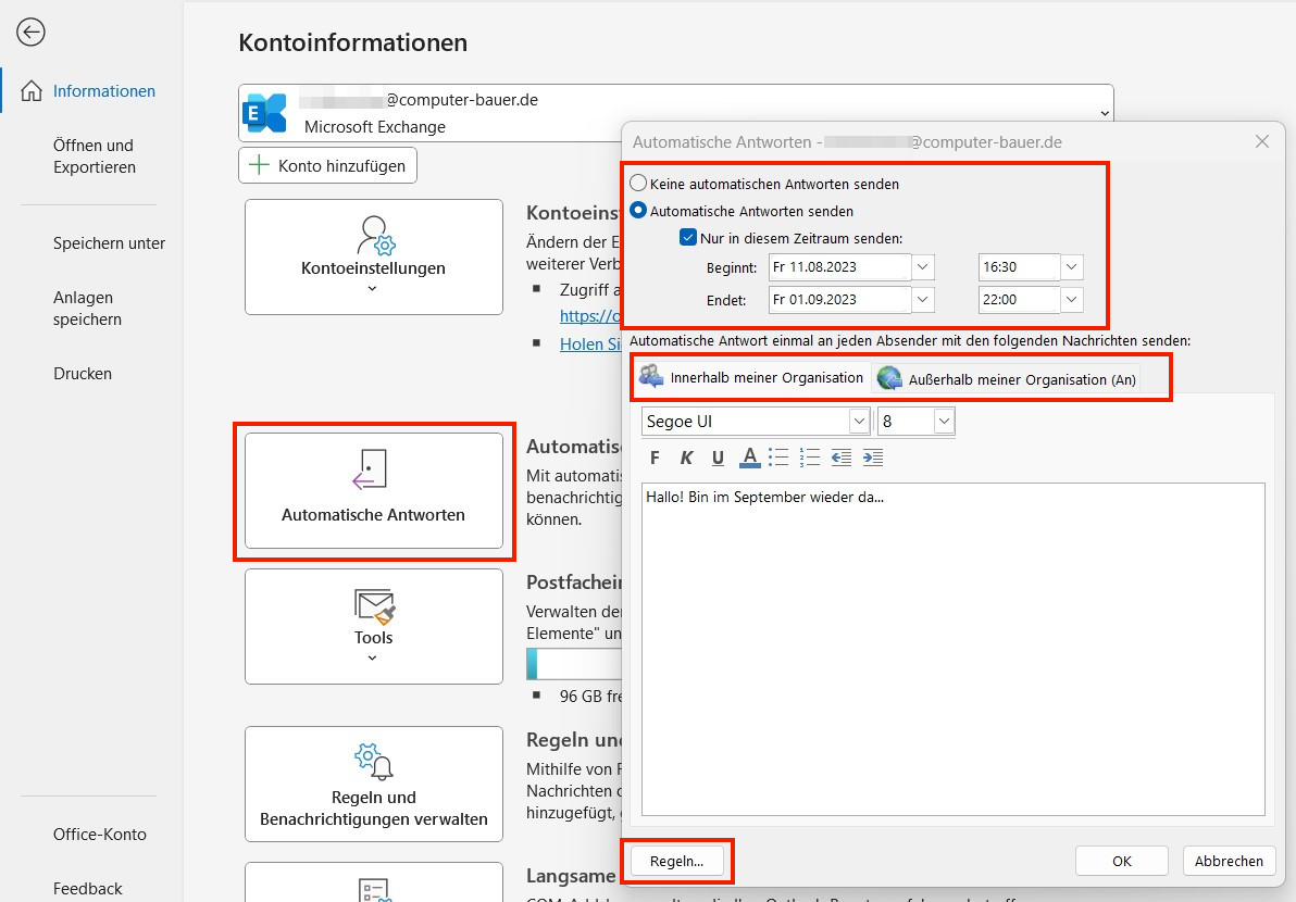 Abwesenheitsnotiz_Outlook Screenshot Outlook-Einstellungen Autoresponder