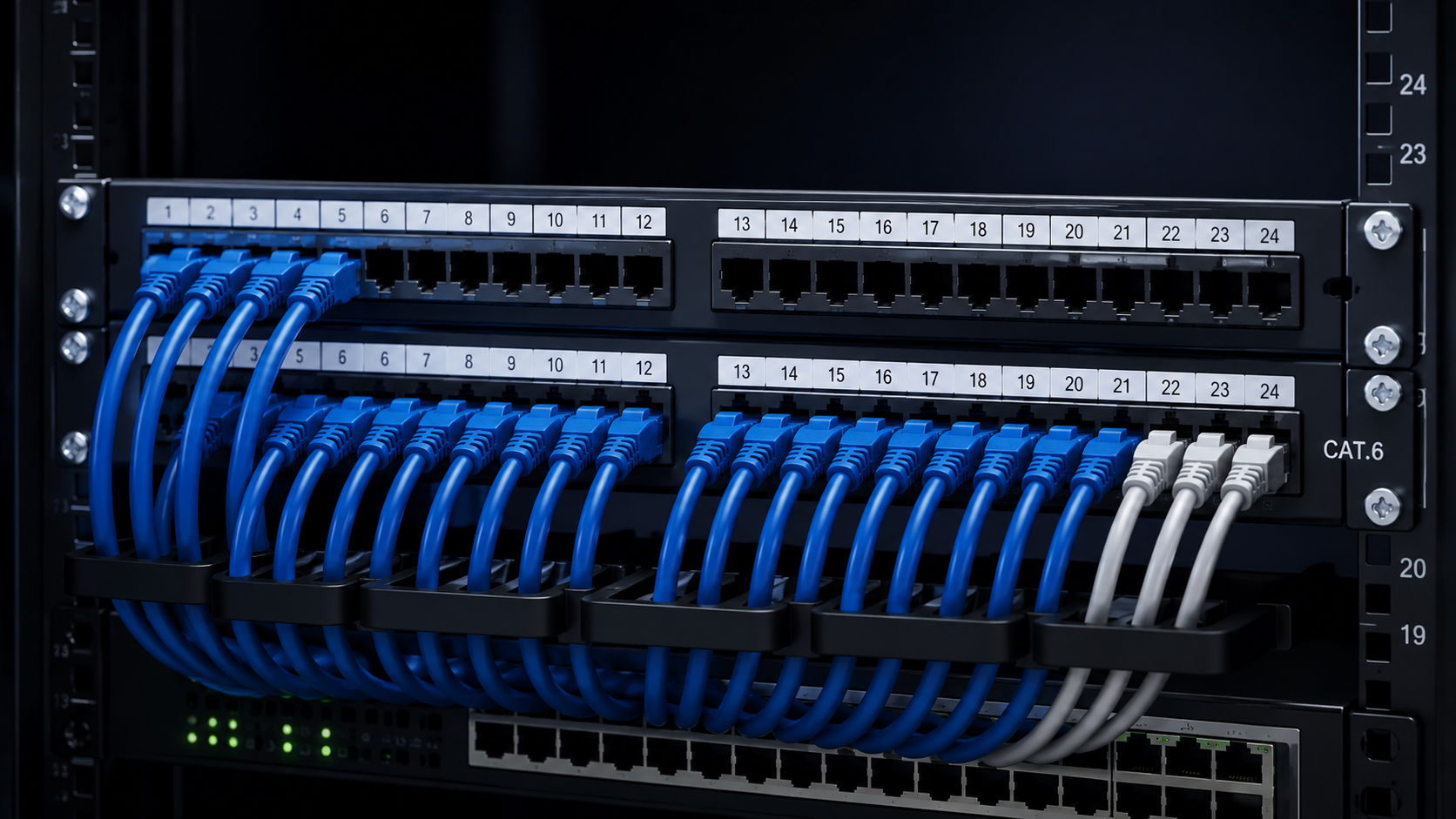 Patchpanel mit angeschlossenen Netzwerkkabeln im Serverschrank.